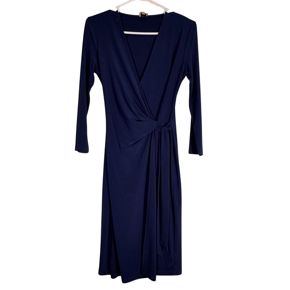 Anne Klein Navy Blue Faux Wrap Dress V-Neck 3/4 Sleeve Jersey Knit Midi XS